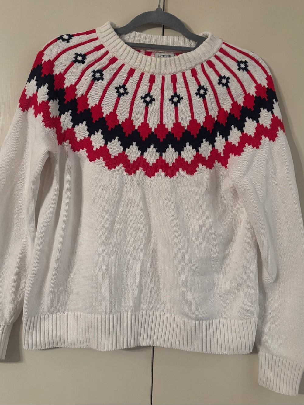 J. Crew White Fair Isle Crewneck Sweater with Red & Navy Yoke